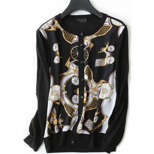 High grade silk spliced wool blend knit women spring thin sweater cardigan shirts vintage printed black M/L retail wholesale
