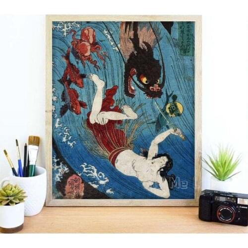 Japanese Print Mermaid Poster Art Dragon Fish Wall Decor Lover Gifts