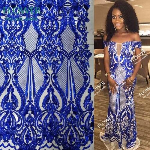 Royal Blue Sequins Mesh Lace Fabric African Women Party Dress Sewing Material French Nigeria Swiss Voile Embroidered Lace Fabric