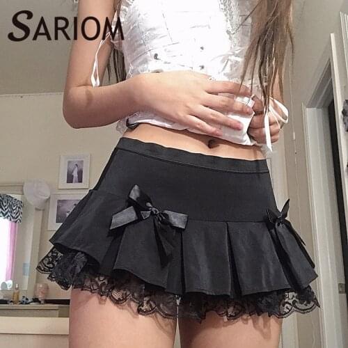 Harajuku Punk Y2K Black Pleated Skirts High Waisted Women Lace Bowknot Short Mini Skirt Gothic For Teen Girls Falda Tableada