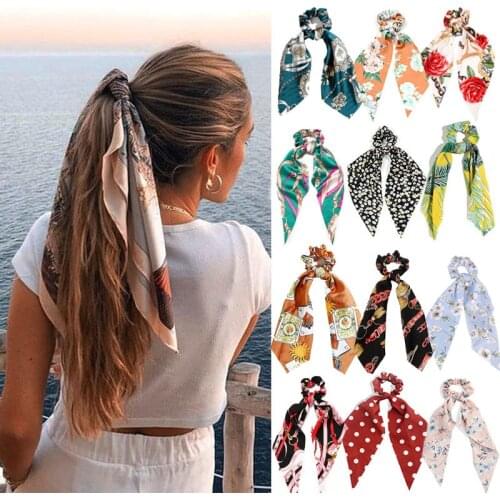 Fashion Printing Long Scarf Hair Bands For Women Scrunchie Elastic Ribbons Bow Tie Ponytail Holder Girl Elegant Hair Accessories