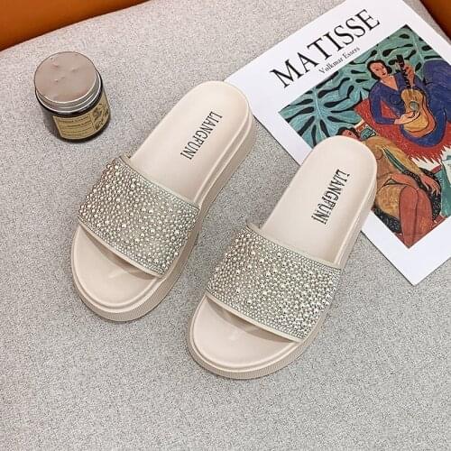 LazySeal Bling Crystals Summer Beach Slides Flat Heel Outside Slippers Thick Bottom Slippers Solid Color Women Shoes Open Toe