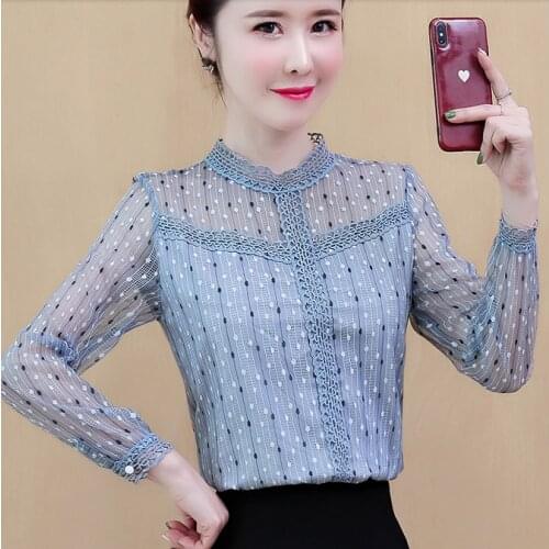 Women Spring Summer Style Lace Patchwork Blouses Shirts Lady Casual Stand Collar Striped Printed Long Sleeve Blusas Tops ZZ0373