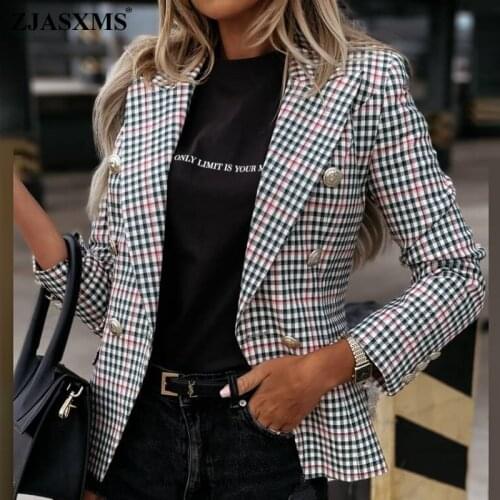 Plaid Double-Breasted Long Sleeve Standard Regular Casual Blazer Women Turn-down Collar Office Jacket Coat Autumn Winter Outwear