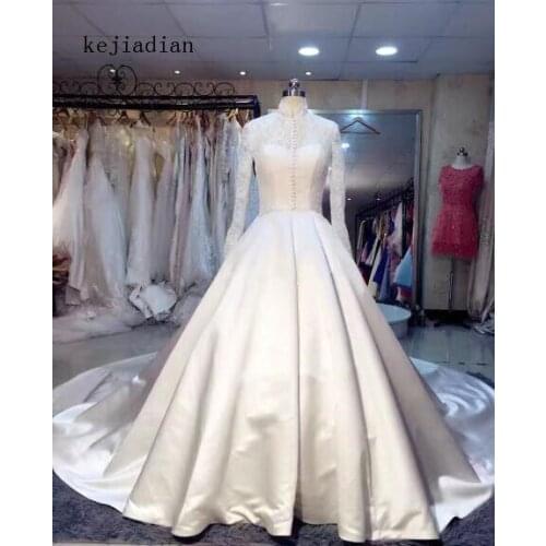 Vestido De Noiva Vintage Long Sleeve Wedding Dresses satin 2020 High Neck lace button court train Bridal Gowns wedding gown
