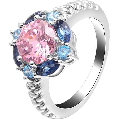 2019 New Classic Flower Rings Female Finger Band Silver Color Ring For Women Cubic Pink Crystal Zircon Party Engagement Jewelry