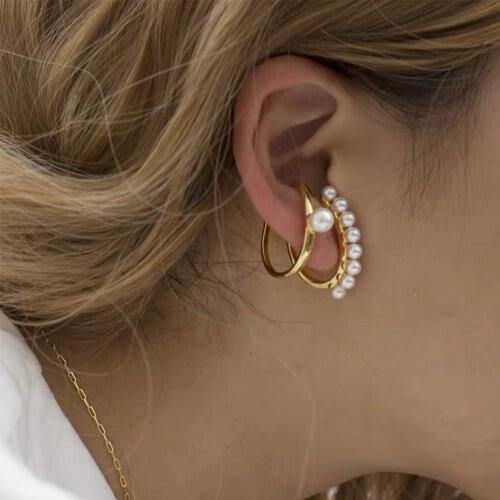 2Pcs/Set Vintage Ear Cuff Personality Simple Gold Alloy C Shape Non-pierced Pearl Earrings Women Fashion Jewelry Accessories