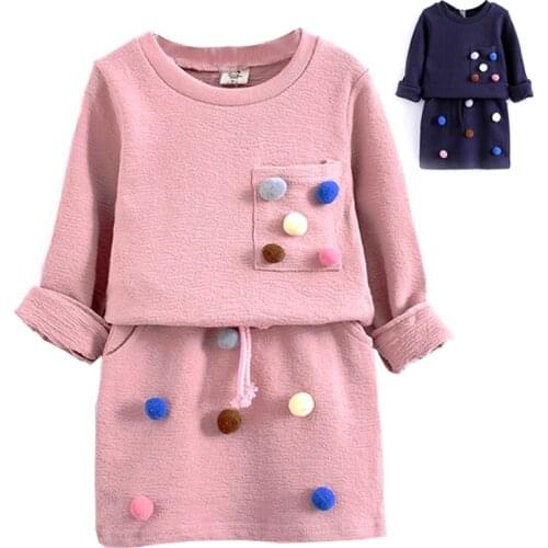 2018 Girls Winter Clothing Set Long Sleeve Shirt with Ball with Pencil Skirt Pink Blue Color Fashion Clothes Set Kids Children
