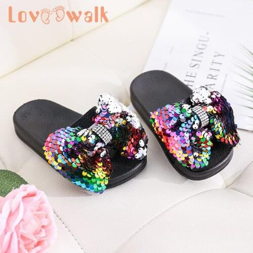 2020 Summer Sandals Slippers Kids Girls Sequins Big Bowtie Baby Beach Shoes Glitter Girls Slides Kids Shoes Princess Sandals