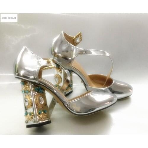 2020 New arrival women high heels chunky heel pumps party shoes diamond stud pumps dress shoes sliver&gold leather pumps