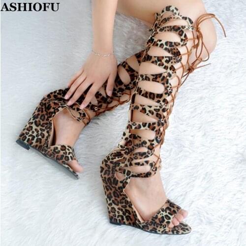 ASHIOFU New Style Handmade Womens Wadge Heel Sandals Leg Cross Straps Party Prom Summer Shoes Leopard Evening Fashion Sandals