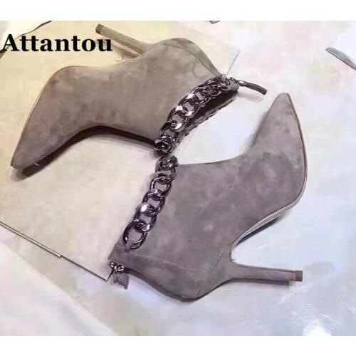 Attantou New Fashion suede and leather Pointed toe ankle boots Women Chains Designer High heels Autumn Winter Boots