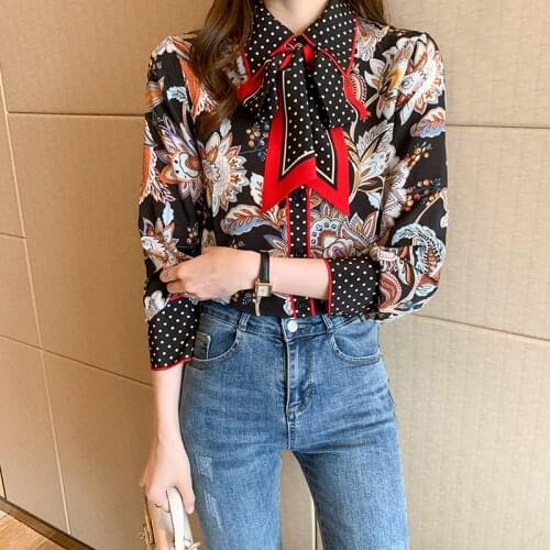 Chikichi Blouse Women Contrast Color Retro Printing Ribbon Tops 2021 Spring New Temperament Casual Vintage Long Sleeve Shirt