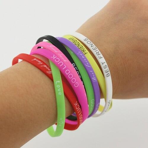 5MM Lots 10pcs Mix Colors Letters Print Silicone Bracelet Wristband Elastic Rubber Friendship Bracelets Men Women Jewelry
