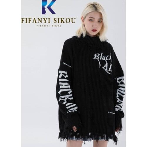 Black Turtleneck Knitted Sweater Women Streetwear Fashion Hole Tassel Pullover Female Winter Thick Warm Loose Couple Sweaters