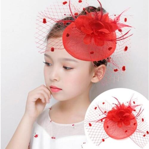 Children Girl Mesh Veil Flower Hair Clip Hat Wedding headwear Elegant Feather Mini Top Hat Fascinator Fancy Party Dress