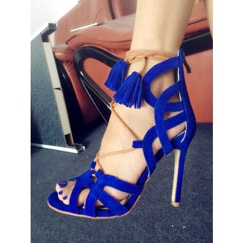 Fantastic Royal Blue Suede Cage Sandals Hollow Out Cross Strappy Lace-up Fringe Shoes Stiletto Heel Gladiator Tassel Pumps
