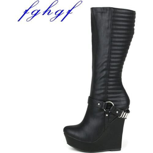 FGHGF Womens winter High Wedge Heels Fashion Knee High Boots Handmade Soft Leather For Wedding Party Dress women boots