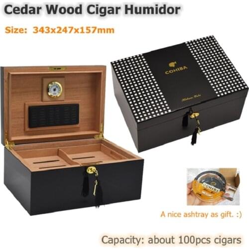 Hot Cigar Humidor 343x247x157mm Large-capacity 100 Cigarettes Cedar Wood Display Box Black Cigar Cabinet Super Cool Quality Case