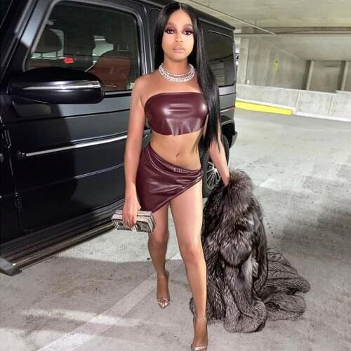 Faux Leather PU Cube+Skirt Matching Two Piece Set Women Sexy Crop Top Asymmetrical Mini Skirt Hot Club Party Wild Clothing