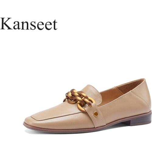 Kanseet 2021 New Women Pumps Spring Autumn Fashion Design Metal Chain Decoration High Quality Handmade Square Toe Low Heel Shoes