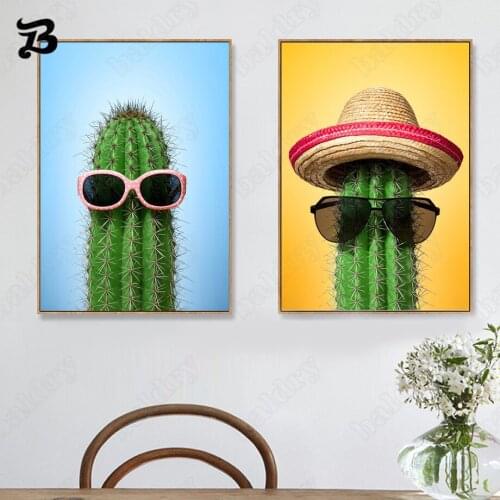 Canvas Painting for Living Room Cactus with Hat and Sunglasses Funny Modern Plants Wall Art Nordic Posters and Prints Home Decor