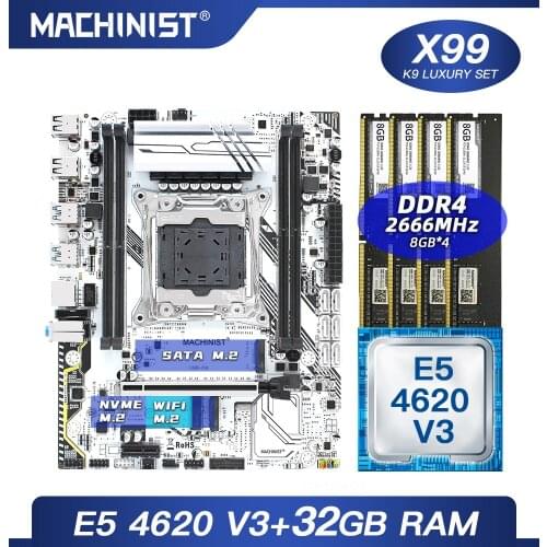 X99 motherboard LGA 2011-3 set kit with Intel xeon E5 4620 V3 processor DDR4 32GB(4*8GB) 2666MHz RAM M-ATX NVME M.2 SSD X99-K9