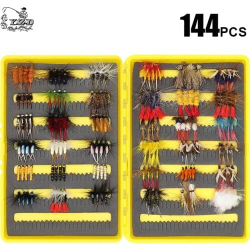 YAZHIDA 144PCS Wet Dry Nymph Fly Fishing Flies Set Fly Lure Kit hand tied Flies for Trout Pike grayling