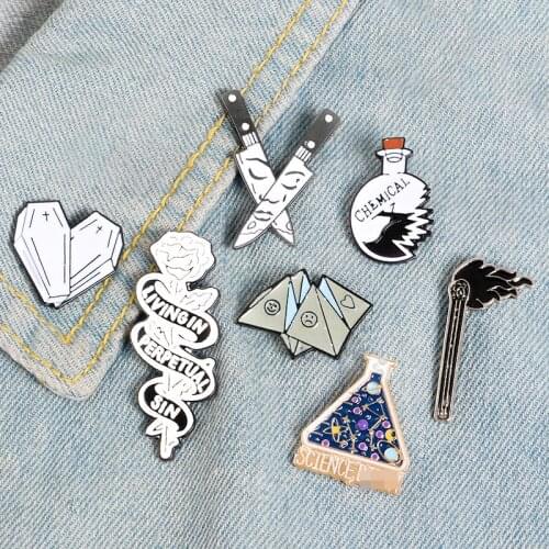 Science Enamel pin Face knife mood origami Matches Cobweb Flower Rose brooches jewelry Heart Coffin Punk Lapel pins badges gifts