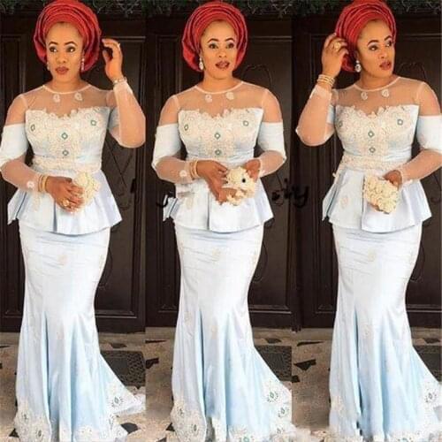 Mermaid Prom Formal Dresses with Long Sleeve Glamorous Aso Ebi Styles Lace Applique with Peplum Trumpet African Evening Gown