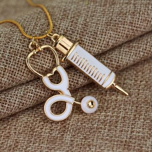 Trendy Gold Medical Stethoscope Syringe Necklace Snake Chain Needle Metal Pendant Necklace For Women Doctor Nurse Fashion Jewelr