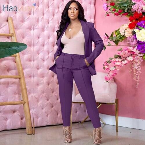 HAOYUAN Casual Office Lady Two Piece Set Long Sleeve Suit Coat Button Up Trousers Streetwear Outfits for Women Matching Sets