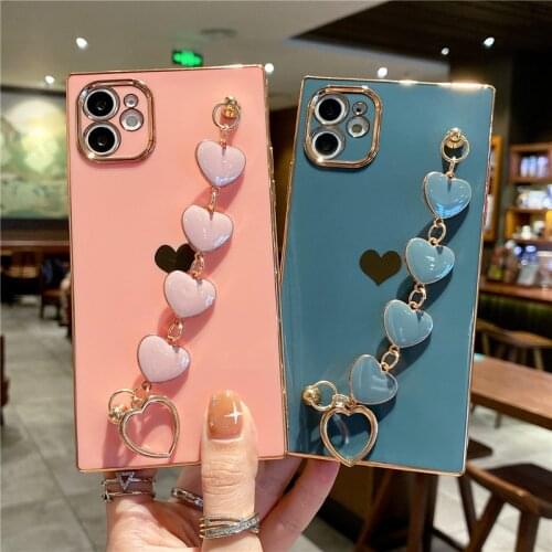 Plating Rectangle Bracelet Cover Case For iPhone 11 12 Pro Max Mini 7 8 Plus Candy Color Heart Chain Shell Shockproof SE 2020