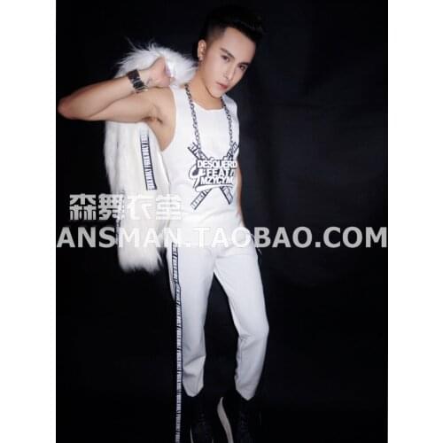 Fashion New Cool Mens white Letter print fur Coat Outwear Nightclub Male singer DJ Party Show Stage performance wear