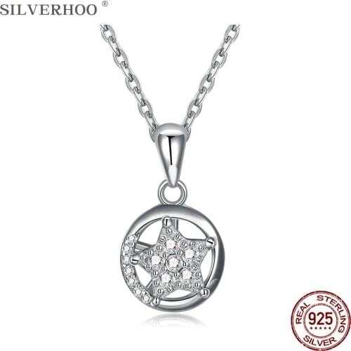 SILVERHOO Shining Star Necklace Pendant Trendy 5A+ Zircon Circle Necklaces For Women Sterling Silver 925 Jewelry To Girlfriend
