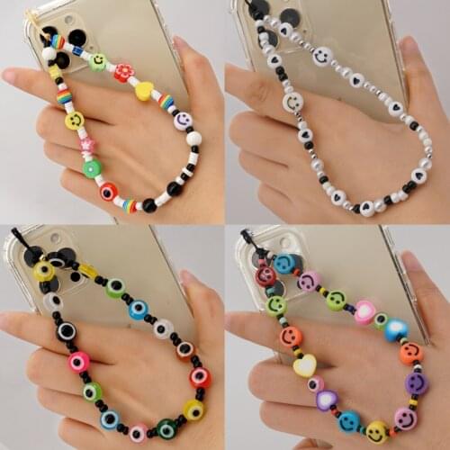 Smiling Evil Eyes Beads Mobile Phone Chain Strap Anti-lost Handmade Acrylic Hanging Cord Lanyard For Women Gift