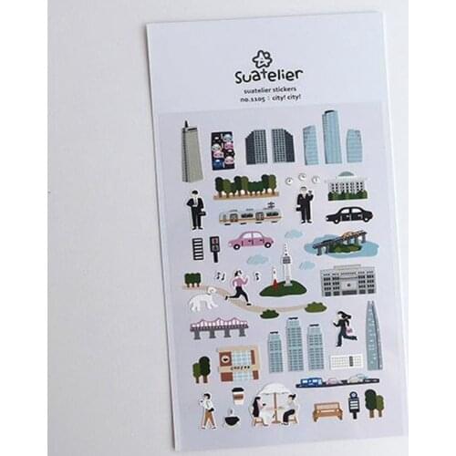 Suatelier stickers scrapbooking city life design high-rise building coffee shop car tower cutting dies sticker diary decoration