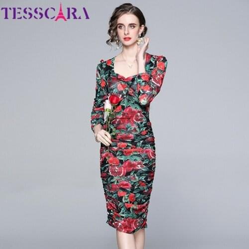 TESSCARA Women Spring Summer Elegant Mesh Pencil Dress Festa High Quality Long Floral Party Robe Femme Vintage Designer Vestidos