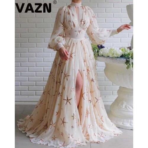 VAZN Spring sexy lady 2020 beige slivers stars floor-length ball gown full lantern sleeve O-neck vent dress A-line party dress