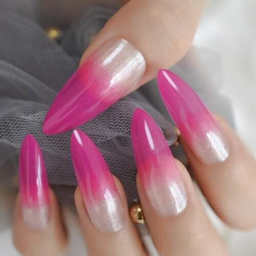 Bright Pink Ombre French Nail Extra Long Stiletto False Nails Gradient Shimmer Faux Ongle Pointed Tips with Adhesive Tabs 24