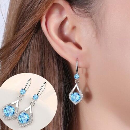 2021 Fashion Silver Color Earrings Pink Blue Crystal Drop Dangle Ear Stud for Women Long Cuff Earring Party Jewelry