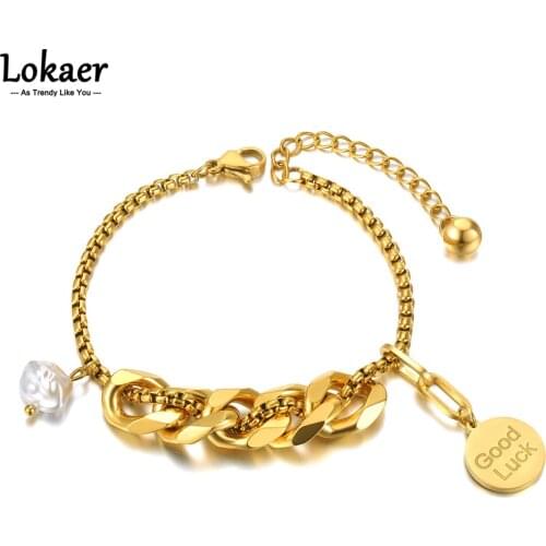Lokaer Fashion Stainless Steel Good Luck Tag Charm Bracelets For Women Girls Bohemia Pearl Chain & Link Bracelet Jewelry B21097