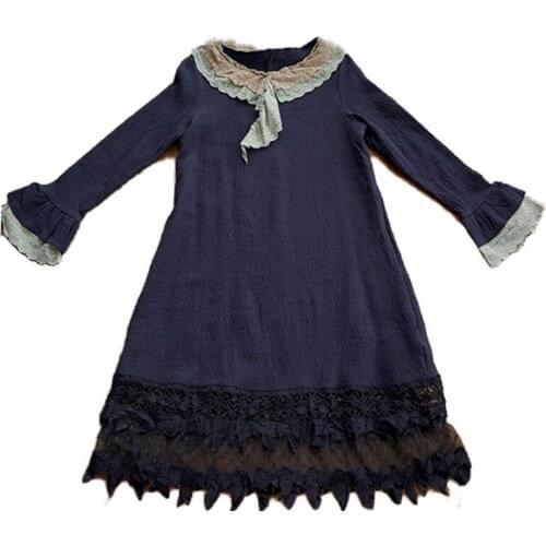 Japanese Mori Girl Sweet Lolita Long Flare Sleeve Crochet Lace Embroidery Ruffle Cotton Linen Patchwork Women Fall Spring Dress