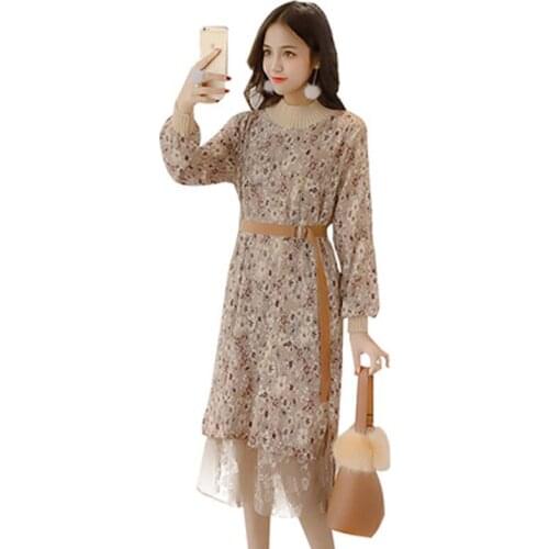 Spring Autumn New Korean style patchwork knitted Chiffon dress Women O - neck long sleeve Floral Print elegant vintage dress