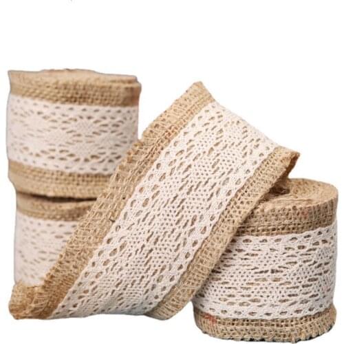 2m Natural Jute Burlap Craft Ribbon Roll with White Vintage Lace for DIY Crafts Wedding Party Merry Christmas Decorations