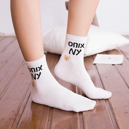 2020 Fashion Women Socks White Black Gray Letters Pattern Bears Women Soft Cotton Sock 1Pairs
