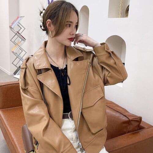 2021 New Spring Autumn New Female Faux Leather Jacket Short Sashes Loose PU Leather Coat Women Moto Biker Fashion Streetwear