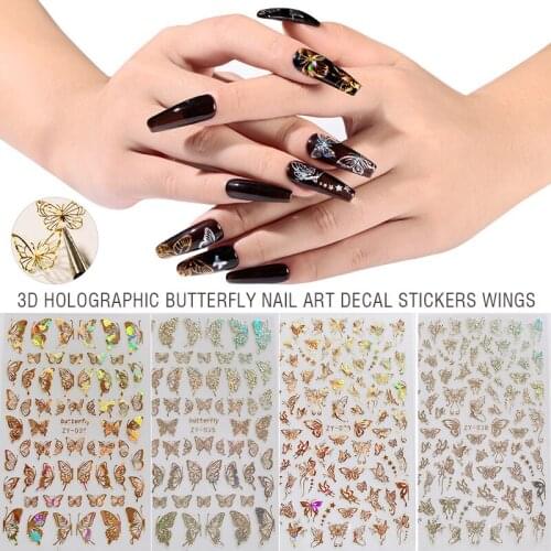 3D Holographic Butterfly Nail Art DIY Decal Transfer Stickers Gold Silver Wings Self-Adhesive 2Colors Foils Wraps Decoration