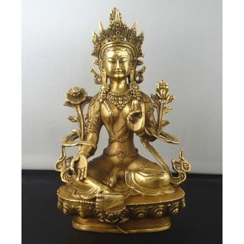 8.5"Tibetan Buddhism Copper Green Tara God Godness Kwan-yin Buddha Statue