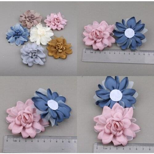 Free shipping Chiffon Fabric Flowers 70mm Handmade Lace Floral Button Sticker Craft Fit Girl Hair Jewelry Headband Decoration